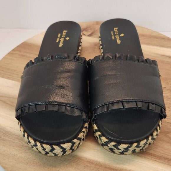 Kate Spade Zahara Black Leather Braided Flat Espadrille Sandals Slides Women's S - Picture 3 of 11